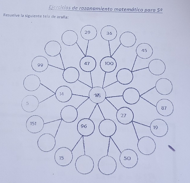 Ejercicios de razonamiento matemático para 5^(_ circ)
Resuelve la siguiente tela de araña: