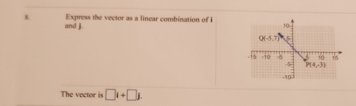 Express the vector as a linear combination of i
and j.
The vector is □ i+□ j.