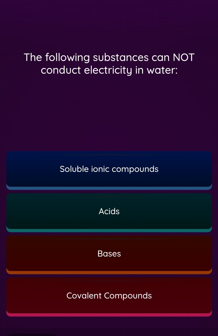 The following substances can NOT
conduct electricity in water:
Soluble ionic compounds
Acids
Bases
Covalent Compounds