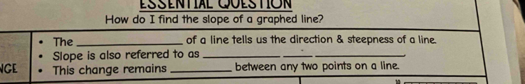 ESSENTIAL QUESTION 
How do I find the slope of a graphed line? 
The_ of a line tells us the direction & steepness of a line. 
Slope is also referred to as_ 
_ 
_ 
NGE This change remains _between any two points on a line.