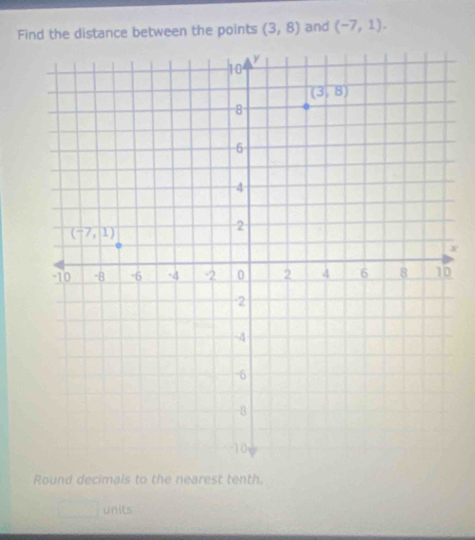 Find the distance between the points (3,8) and (-7,1).
Round decimals to the nearest tenth.
units