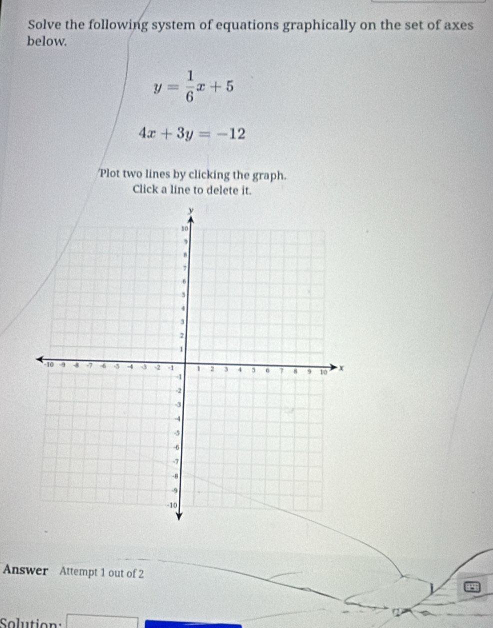 Solve the following system of equations graphically on the set of axes
below.
y= 1/6 x+5
4x+3y=-12
'Plot two lines by clicking the graph.
Click a line to delete it.
Answer Attempt 1 out of 2
Solution: