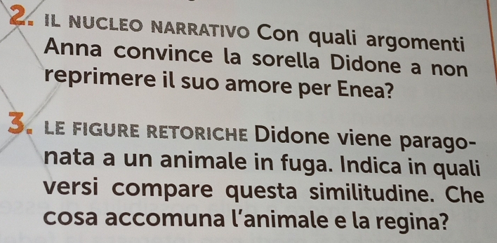 il nucLEO nARRATIvo Con quali argomenti 
Anna convince la sorella Didone a non 
reprimere il suo amore per Enea? 
3. le figure retoriche Didone viene parago- 
nata a un animale in fuga. Indica in quali 
versi compare questa similitudine. Che 
cosa accomuna l’animale e la regina?