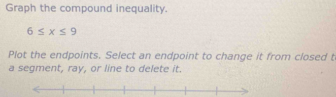 Graph the compound inequality.
6≤ x≤ 9
Plot the endpoints. Select an endpoint to change it from closed t 
a segment, ray, or line to delete it.