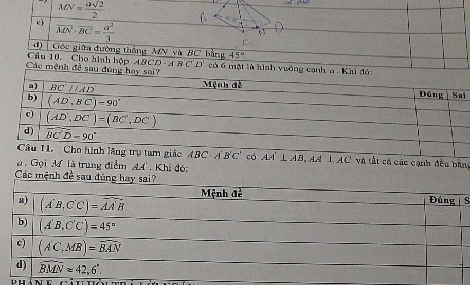 MN= asqrt(2)/2 
c) vector MN· vector BC= a^2/3 
d) | Góc giữa đường thắng MN và BC bằng 45°
Câu 10. Cho hình hộp ABCD· A'B'C'D' có 6 mặt là hình vuông cạn
Các mệnh đề sau đi
và tất cả các cạnh đều bằng
à . Gọi M là trung điểm AA'. Khi đó:
Các mệnh đề 
s