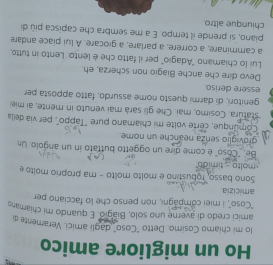 Ho un migliore amico 
Io mi chiamo Cosimo. Detto “Coso” dagli amici. Veramente di 
amici credo di averne uno solo, Biagio. E quando mi chiamano 
“Coso”, i miei compagni, non penso che lo facciano per 
amicizia. 
Sono basso, robustino e molto molto - ma proprio molto e 
molto - timido. 
Be’, “Coso” è come dire un oggetto buttato in un angolo. Un 
groviglio senza neanche un nome. 
Comunque, certe volte mi chiamano pure “Tappo”, per via della 
statura. Cosimo, mai. Che gli sarà mai venuto in mente, ai miei 
genitori, di darmi questo nome assurdo, fatto apposta per 
essere deriso. 
Devo dire che anche Biagio non scherza, eh. 
Lui lo chiamano “Adagio” per il fatto che è lento. Lento in tutto, 
a camminare, a correre, a parlare, a giocare. A lui piace andare 
piano, si prende il tempo. E a me sembra che capisca più di 
chiunque altro.