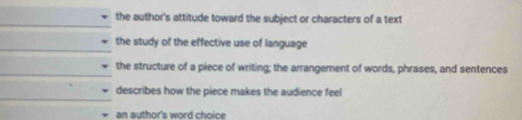 the author's attitude toward the subject or characters of a text
the study of the effective use of language
the structure of a piece of writing; the arrangement of words, phrases, and sentences
describes how the piece makes the audience feel
an author's word choice