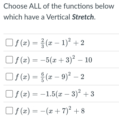 Choose ALL of the functions below
which have a Vertical Stretch.