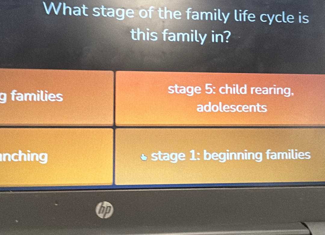 What stage of the family life cycle is
this family in?
g families
stage 5: child rearing,
adolescents
nching ↓ stage 1: beginning families
bn