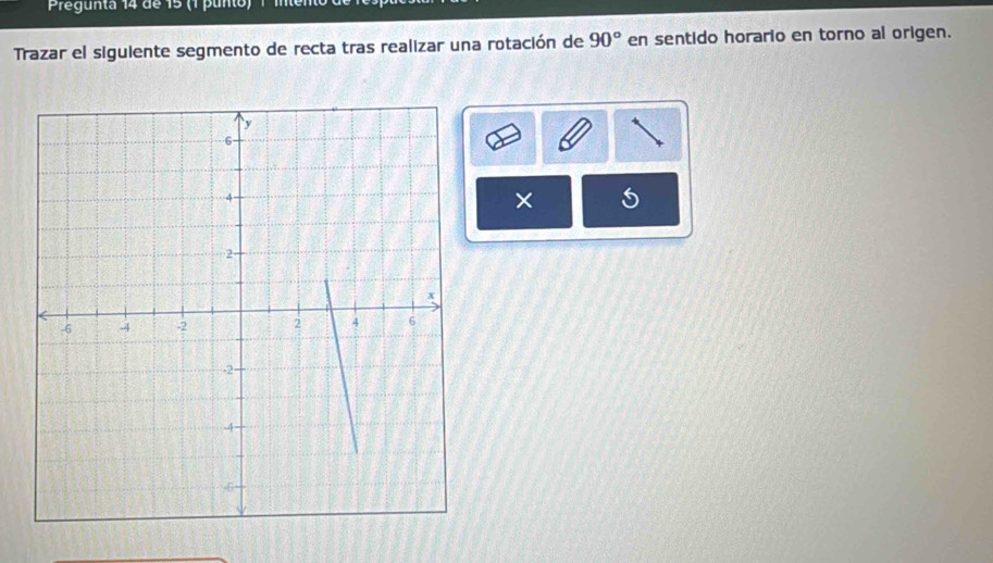 Pregunta 14 de 15 (1 p unto 
Trazar el siguiente segmento de recta tras realizar una rotación de 90° en sentido horario en torno al origen. 
×