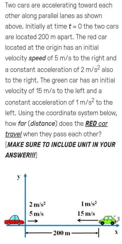 Two cars are accelerating toward each
other along parallel lanes as shown
above. Initially at time t=0 the two cars
are located 200 m apart. The red car
located at the origin has an initial
velocity speed of 5 m/s to the right and
a constant acceleration of 2m/s^2 also
to the right. The green car has an initial
velocity of 15 m/s to the left and a
constant acceleration of 1m/s^2 to the
left. Using the coordinate system below,
how far (distance) does the RED car
travel when they pass each other?
[MAKE SURE TO INCLUDE UNIT IN YOUR
ANSWER!!!
: