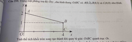 du Câu 255: Trong mặt phăng toạ độ Oxy , cho hình thang OABC có A(0;2), B(4;1) và C(4;0) như Hình.
y
2 A
1
B
C
0
4 x
Tính thể tích khổi tròn xoay tạo thành khi quay tử giác OABC quanh trục Ox.