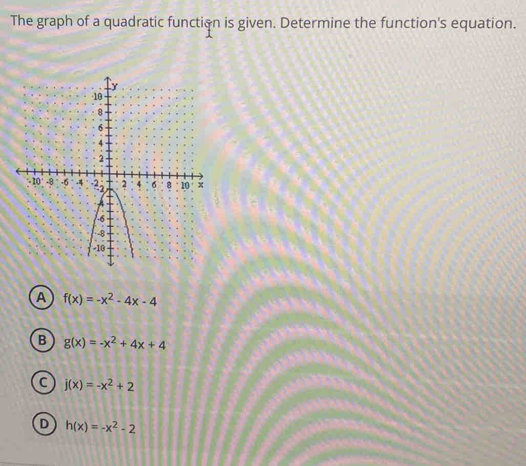 The graph of a quadratic function is given. Determine the function's equation.
A f(x)=-x^2-4x-4
B g(x)=-x^2+4x+4
C j(x)=-x^2+2
D h(x)=-x^2-2