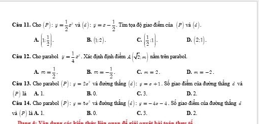 Cho (P):y= 1/2 z^2vi(d):y=x- 1/2 . Tim toa đô giao điểm của P ri(d).
A. (1: 1/2 ). B. (1:2). C. ( 1/2 :1). D. (2:1). 
Câu 12. Cho parabol y= 1/4 x^2 Xác định định điểm A(sqrt(2),m) nằm trên parabol.
A. m= 1/2 . B. m=- 1/2 . C. m=2. D. m=-2. 
Câu 13. Cho parabol (P):y=2x^2 và đường thẳng (d): v=a+1. Số giao điểm của đường thẳng đ và
(P) là A. 1. B. 0. C. 3. D. 2.
Câu 14. Cho parabol (P):y=5x^2 và đường thắng (d) : v=-4z-4 S Số giao điểm của đường thẳng đ
và (P) là A. 1. B. 0. C. 3. D. 2.
Deng di Vên dụng cóc kiên thức liên gncn T n êt hải trám tham tổ