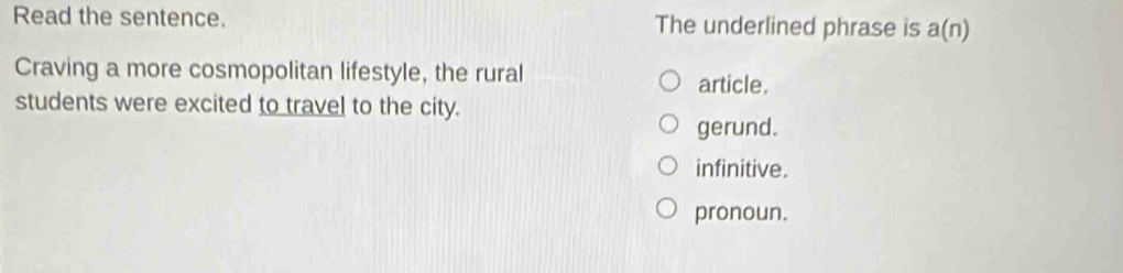 Read the sentence. The underlined phrase is a(n)
Craving a more cosmopolitan lifestyle, the rural
article.
students were excited to travel to the city.
gerund.
infinitive.
pronoun.