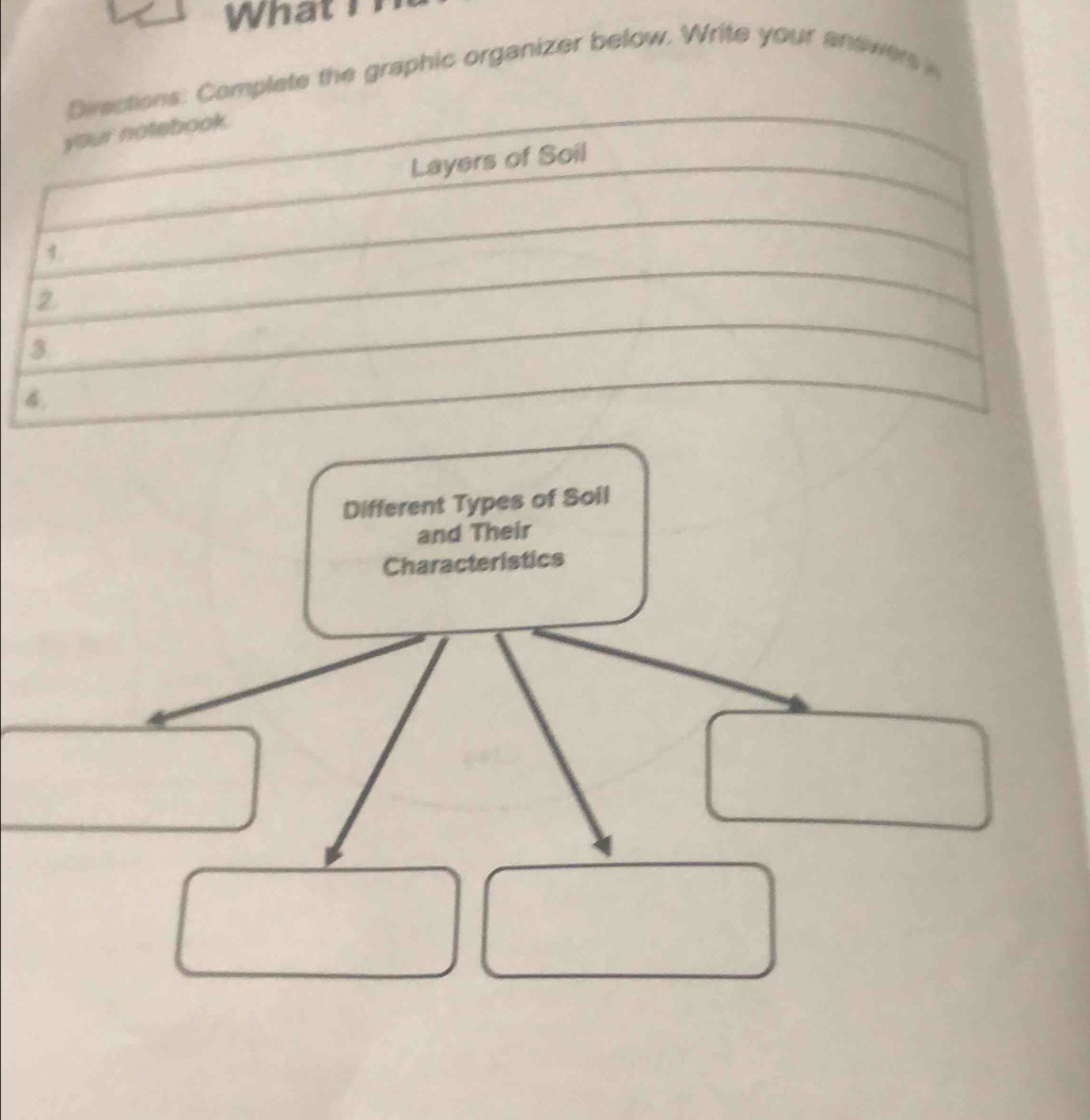 What 
s: Complete the graphic organizer below. Write your answer 
Different Types of Soil 
and Their 
Characteristics