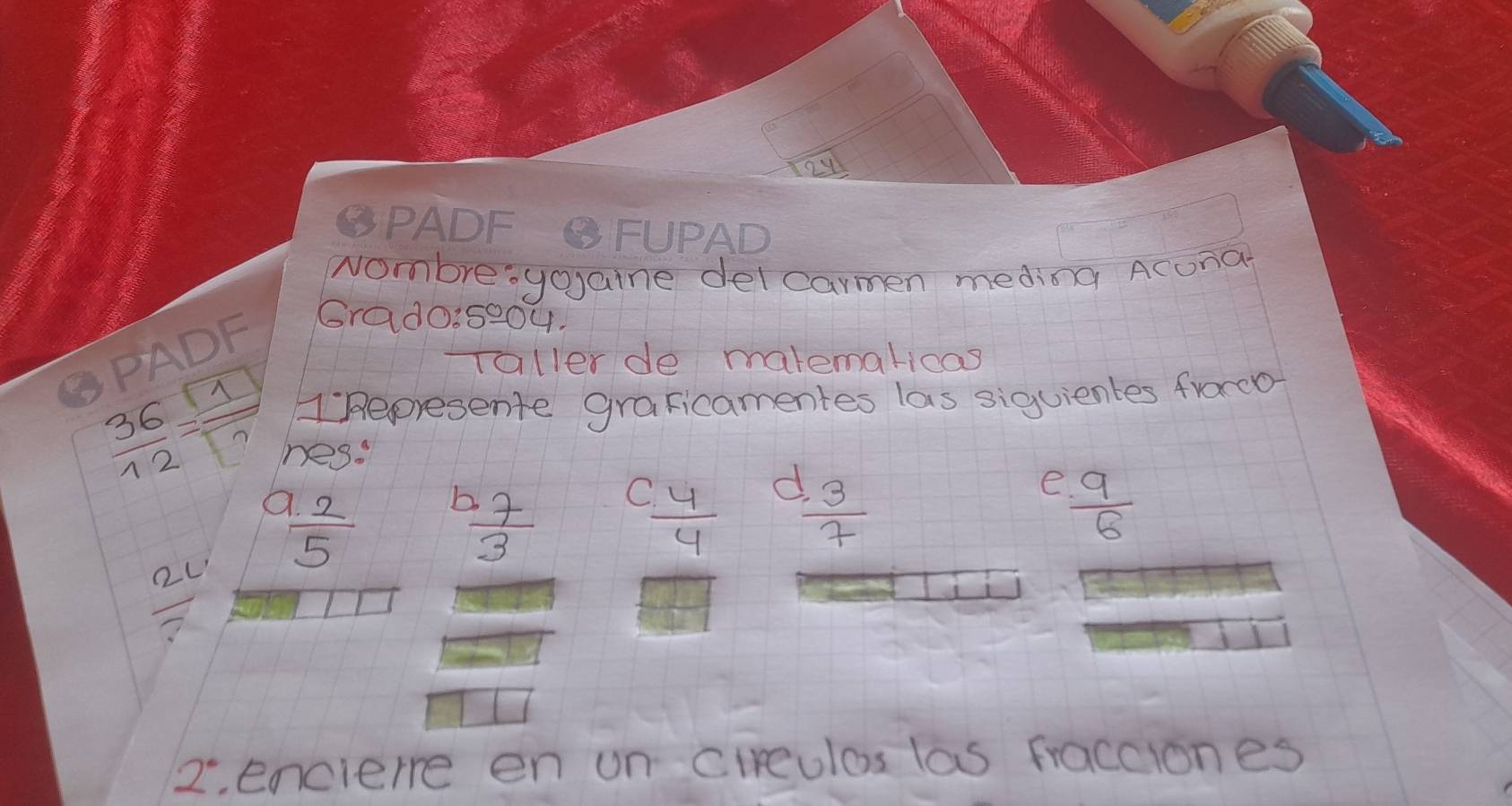 2y 
③PADF BFUPAD 
wombre:yoaine delcarmen meding Acona 
PADF 
Grad0:s204. 
allerde malemalicas 
1Bepresente graficamentes las siguientes frorco
 36/12 =frac 1boxed ? nes: 
C 
2L  (1.2)/5 
frac ^circ frac 7 C  4/4  d
 3/7 
e  9/8 
2° enciere en un cireulos las fracciones