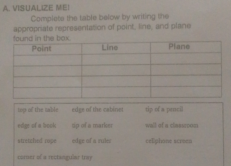 VISUALIZE ME!
Complete the table below by writing the
appropriate representation of point, line, and plane
found in the box.
top of the table edge of the cabinet tip of a pencil
edge of a book tip of a marker wall of a classroom
stretched rope edge of a ruler cellphone screen
corner of a rectangular tray