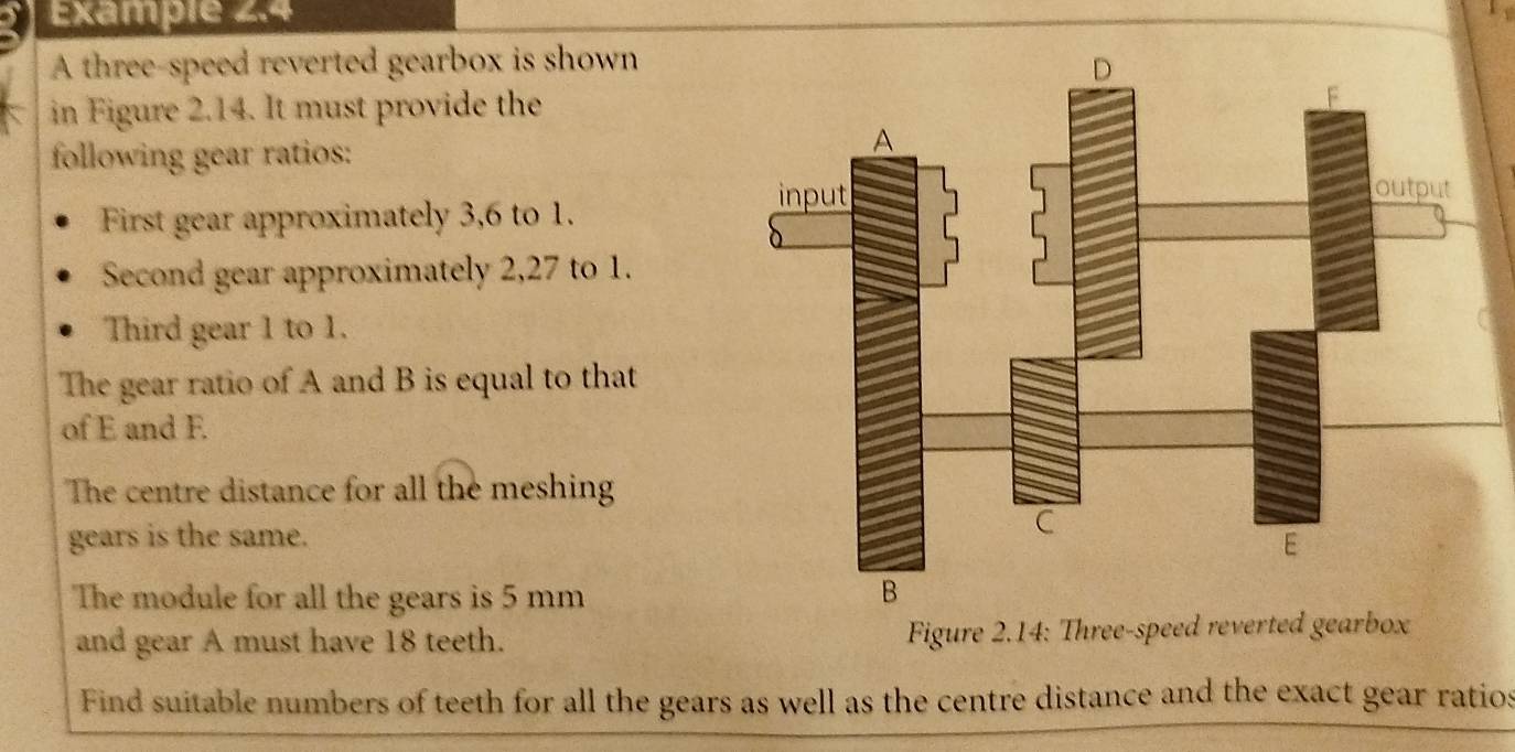 Example 2.4 
A three-speed reverted gearbox is shown 
in Figure 2.14. It must provide the 
following gear ratios: 
First gear approximately 3,6 to 1. 
Second gear approximately 2,27 to 1. 
Third gear 1 to 1. 
The gear ratio of A and B is equal to that 
of E and F. 
The centre distance for all the meshing 
gears is the same. 
The module for all the gears is 5 mm
and gear A must have 18 teeth. Figure 2.14: Three-speed reverted gearbox 
Find suitable numbers of teeth for all the gears as well as the centre distance and the exact gear ratios