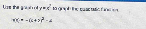 Use the graph of y=x^2 to graph the quadratic function.
h(x)=-(x+2)^2-4