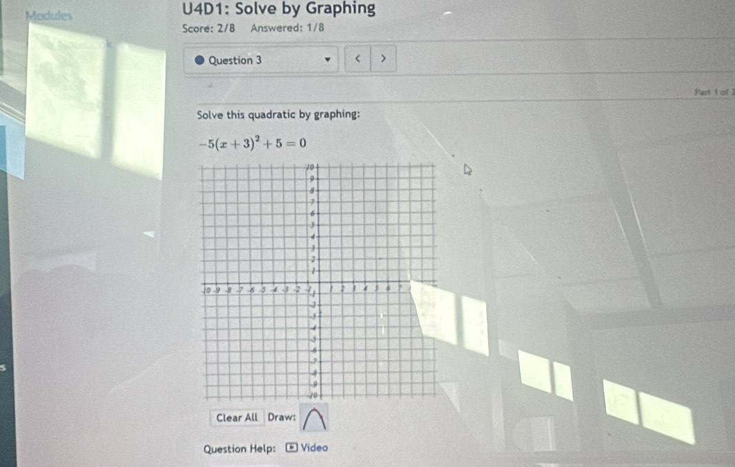 Modules U4D1: Solve by Graphing 
Score: 2/8 Answered: 1/8 
Question 3 < > 
Part t of 2 
Solve this quadratic by graphing:
-5(x+3)^2+5=0
Clear All Draw: 
Question Help: Video