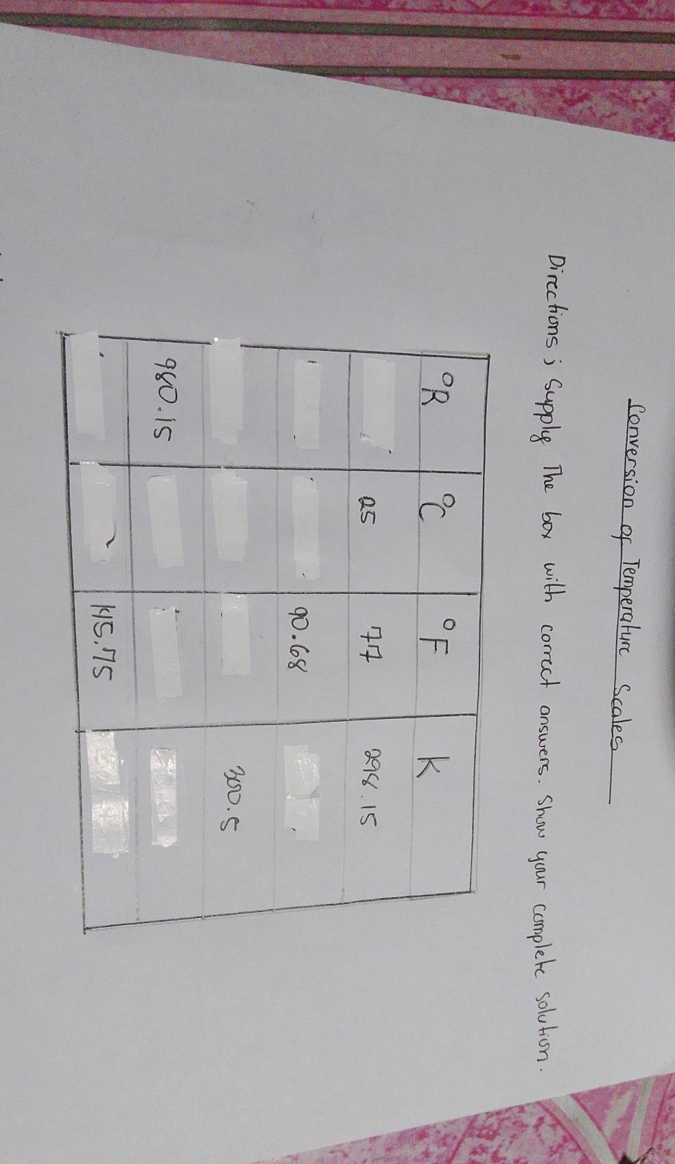 Conversion of Temperature Scales
Dircctions; Supple The box with correct answers. Show your complete solution.