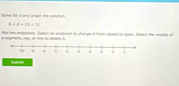Salve for d and graph the solution.
6 <11</tex> 
Plot the endpoints. Select an endpoint to change it from closed to open. Select the middle of 
a segment, ray, or lime to delete it. 
Sutmitt