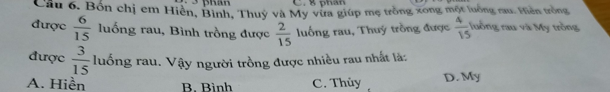 ɔ phan C. 8 phan
Câu 6. Bốn chị em Hiền, Bình, Thuỷ và My vừa giúp mẹ trồng xong một luống rau. Hiền trồng
được  6/15  luống rau, Bình trồng được  2/15  luống rau, Thuỷ trồng được  4/15  luống rau và My trồng
được  3/15  luống rau. Vậy người trồng được nhiều rau nhất là:
A. Hiền C. Thủy
D. My
B. Bình