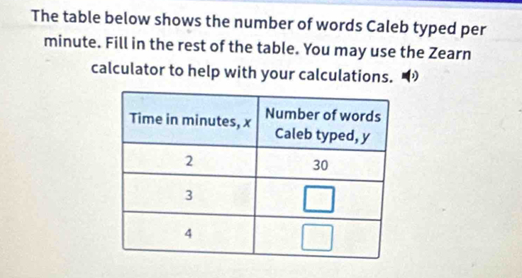 The table below shows the number of words Caleb typed per
minute. Fill in the rest of the table. You may use the Zearn 
calculator to help with your calculations.