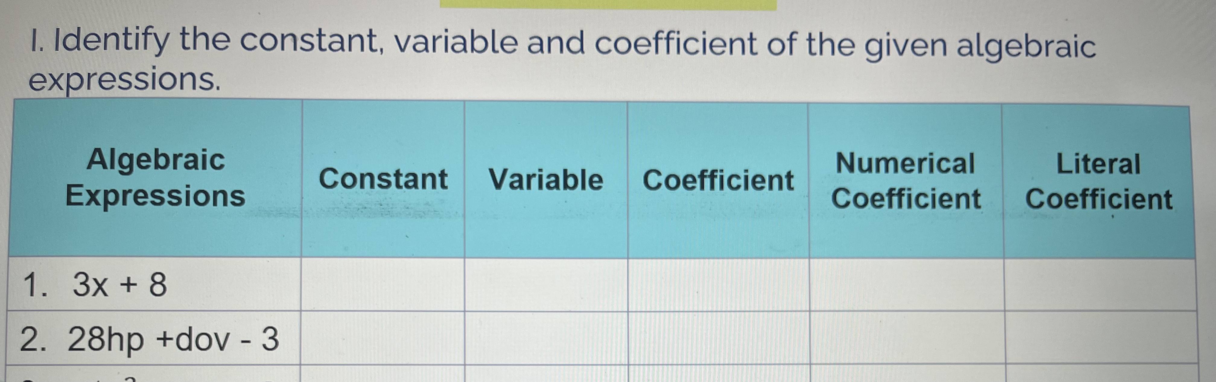 Identify the constant, variable and coefficient of the given algebraic
pressions.