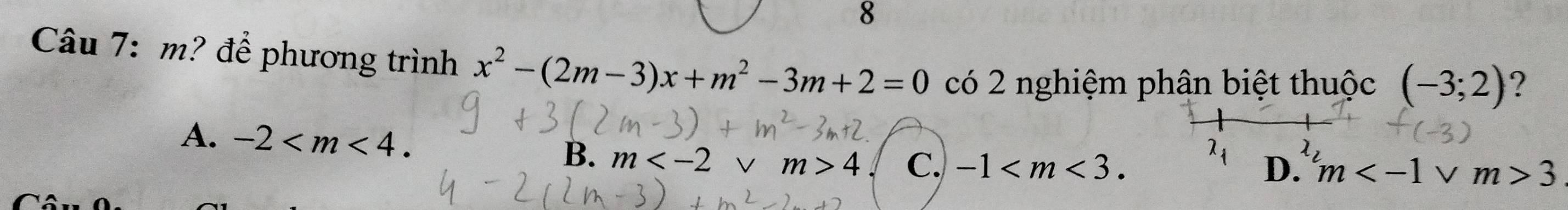 m? để phương trình x^2-(2m-3)x+m^2-3m+2=0 có 2 nghiệm phân biệt thuộc (-3;2) ?
A. -2 . B. m v m>4 C. -1 .
D. m V m>3