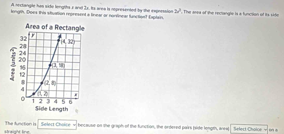 A rectangle has side lengths s and 2r. Its area is represented by the expression 2s^2. The area of the rectangle is a function of its side
length. Does this situation represent a linear or nonlinear function? Explaln.
The function is Select Choice ν because on the graph of the function, the ordered pairs (side length, area) Select Choice on a
straight line.