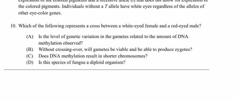 expression of the colored pigments and a recessive ancle (7) mhat does not anow for expression of
the colored pigments. Individuals without a Tallele have white eyes regardless of the alleles of
other eye-color genes.
10. Which of the following represents a cross between a white-eyed female and a red-eyed male?
(A) Is the level of genetic variation in the gametes related to the amount of DNA
methylation observed?
(B) Without crossing-over, will gametes be viable and be able to produce zygotes?
(C) Does DNA methylation result in shorter chromosomes?
(D) Is this species of fungus a diploid organism?