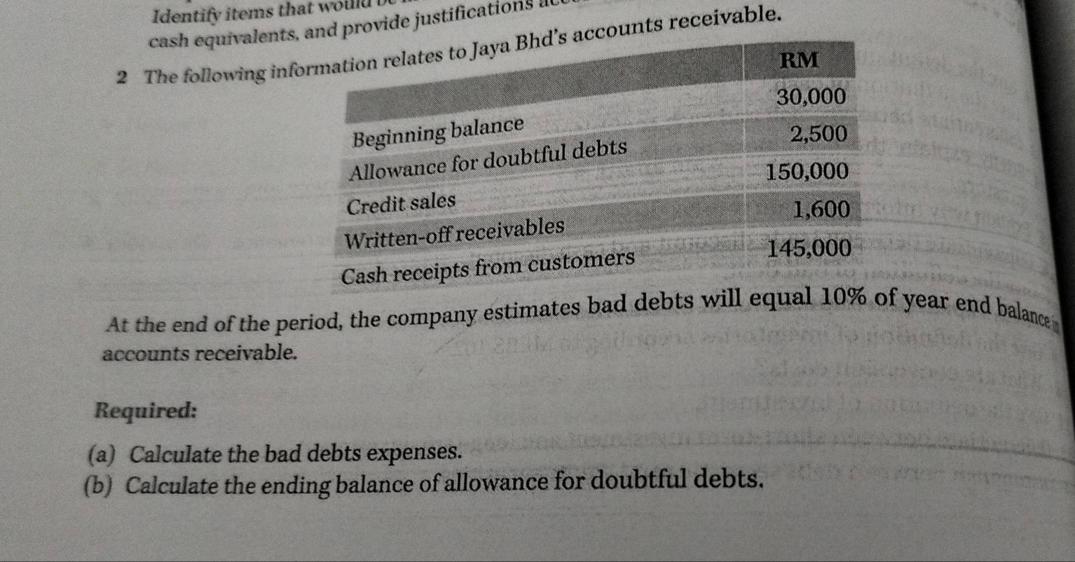 Identify items that would 
cash equivalentsprovide justifications a 
2 The following infunts receivable. 
At the end of the period, the company estimates bad debts will equal 10% of year end balance 
accounts receivable. 
Required: 
(a) Calculate the bad debts expenses. 
(b) Calculate the ending balance of allowance for doubtful debts.