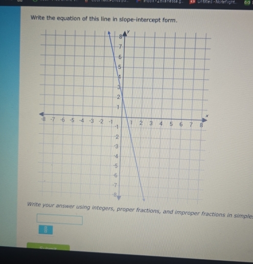 mbox + 2eva nessa,g ** Untities - Nisteright 
Write the equation of this line in slope-intercept form. 
Write your answer using integers, proper fractions, and improper fractions in simple