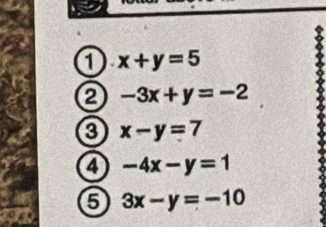 1 x+y=5
2 -3x+y=-2
3 x-y=7
4 -4x-y=1
5 3x-y=-10