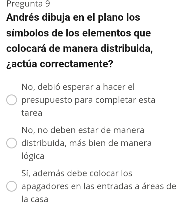 Pregunta 9
Andrés dibuja en el plano los
símbolos de los elementos que
colocará de manera distribuida,
¿actúa correctamente?
No, debió esperar a hacer el
presupuesto para completar esta
tarea
No, no deben estar de manera
distribuida, más bien de manera
lógica
Sí, además debe colocar los
apagadores en las entradas a áreas de
la casa