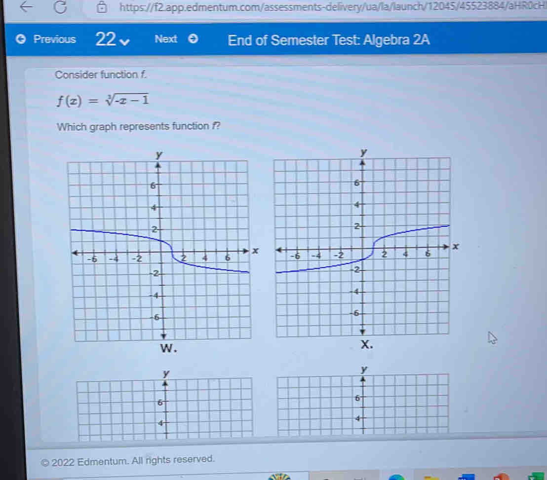 Previous 22v Next End of Semester Test: Algebra 2A 
Consider function f.
f(x)=sqrt[3](-x-1)
Which graph represents function f? 
2022 Edmentum. All rights reserved.