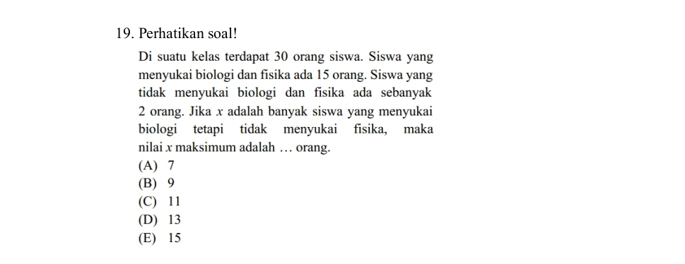 Perhatikan soal!
Di suatu kelas terdapat 30 orang siswa. Siswa yang
menyukai biologi dan fisika ada 15 orang. Siswa yang
tidak menyukai biologi dan fisika ada sebanyak
2 orang. Jika x adalah banyak siswa yang menyukai
biologi tetapi tidak menyukai fisika, maka
nilai x maksimum adalah … orang.
(A) 7
(B) 9
(C) 11
(D) 13
(E) 15