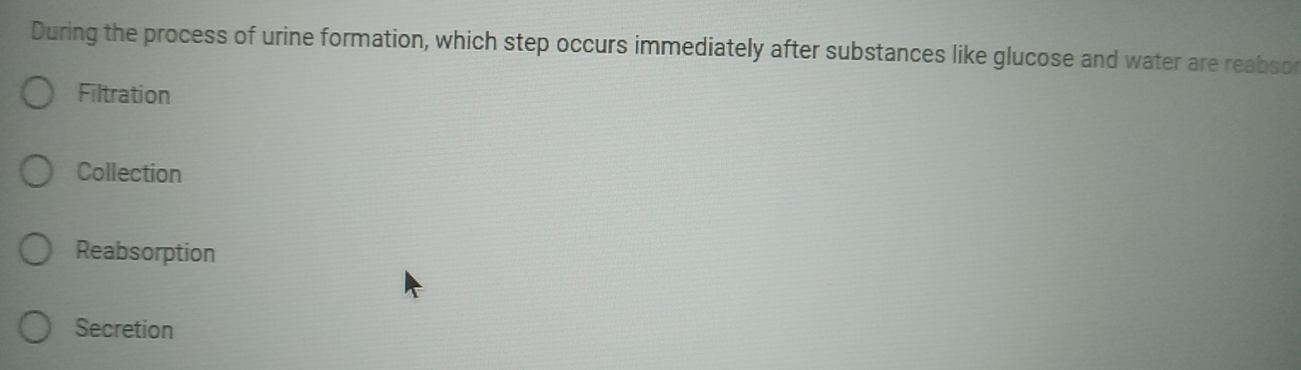 During the process of urine formation, which step occurs immediately after substances like glucose and water are reabsor
Filtration
Collection
Reabsorption
Secretion