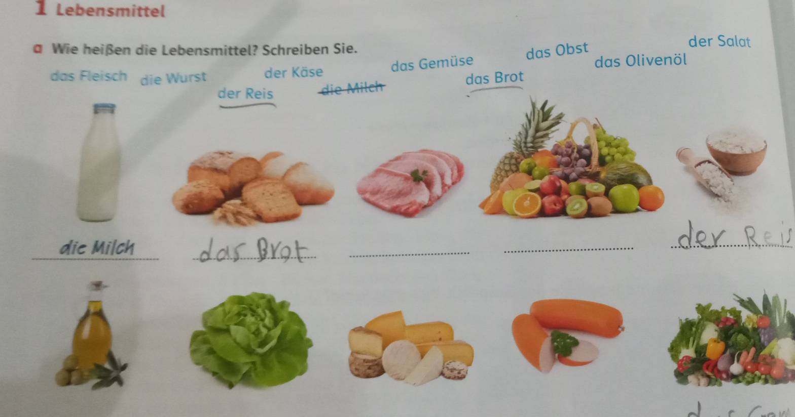 Lebensmittel 
a Wie heißen die Lebensmittel? Schreiben Sie. 
das Gemüse das Obst 
der Salat 
das Fleisch die Wurst der Käse das Olivenöl 
der Reis die Milch das Brot 
__ 
_ 
die Milch 
_ 
_ 
_