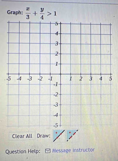 Graph:  x/3 + y/4 >1
Clear All Draw: 
Question Help: Message instructor