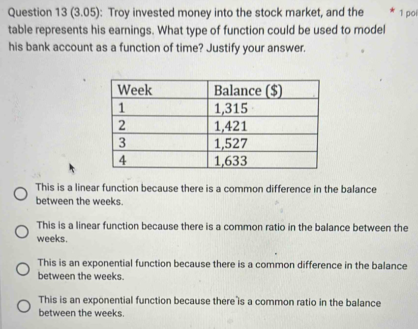 (3.05): Troy invested money into the stock market, and the 1 poi
table represents his earnings. What type of function could be used to model
his bank account as a function of time? Justify your answer.
This is a linear function because there is a common difference in the balance
between the weeks.
This is a linear function because there is a common ratio in the balance between the
weeks.
This is an exponential function because there is a common difference in the balance
between the weeks.
This is an exponential function because there is a common ratio in the balance
between the weeks.