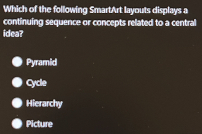 Solved: Which of the following SmartArt layouts displays a continuing ...