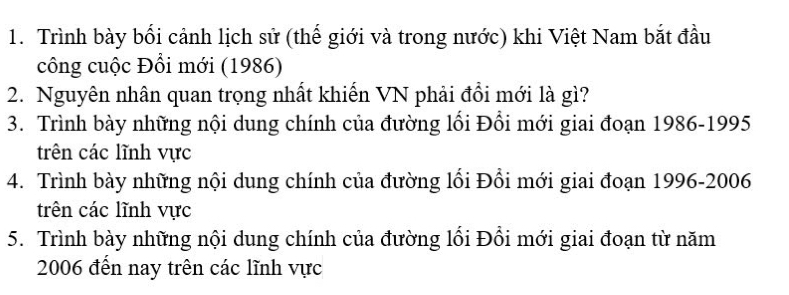 Trình bày bối cảnh lịch sử (thế giới và trong nước) khi Việt Nam bắt đầu 
công cuộc Đổi mới (1986) 
2. Nguyên nhân quan trọng nhất khiến VN phải đổi mới là gì? 
3. Trình bày những nội dung chính của đường lối Đổi mới giai đoạn 1986-1995 
trên các lĩnh vực 
4. Trình bày những nội dung chính của đường lối Đổi mới giai đoạn 1996-2006 
trên các lĩnh vực 
5. Trình bày những nội dung chính của đường lối Đổi mới giai đoạn từ năm 
2006 đến nay trên các lĩnh vực