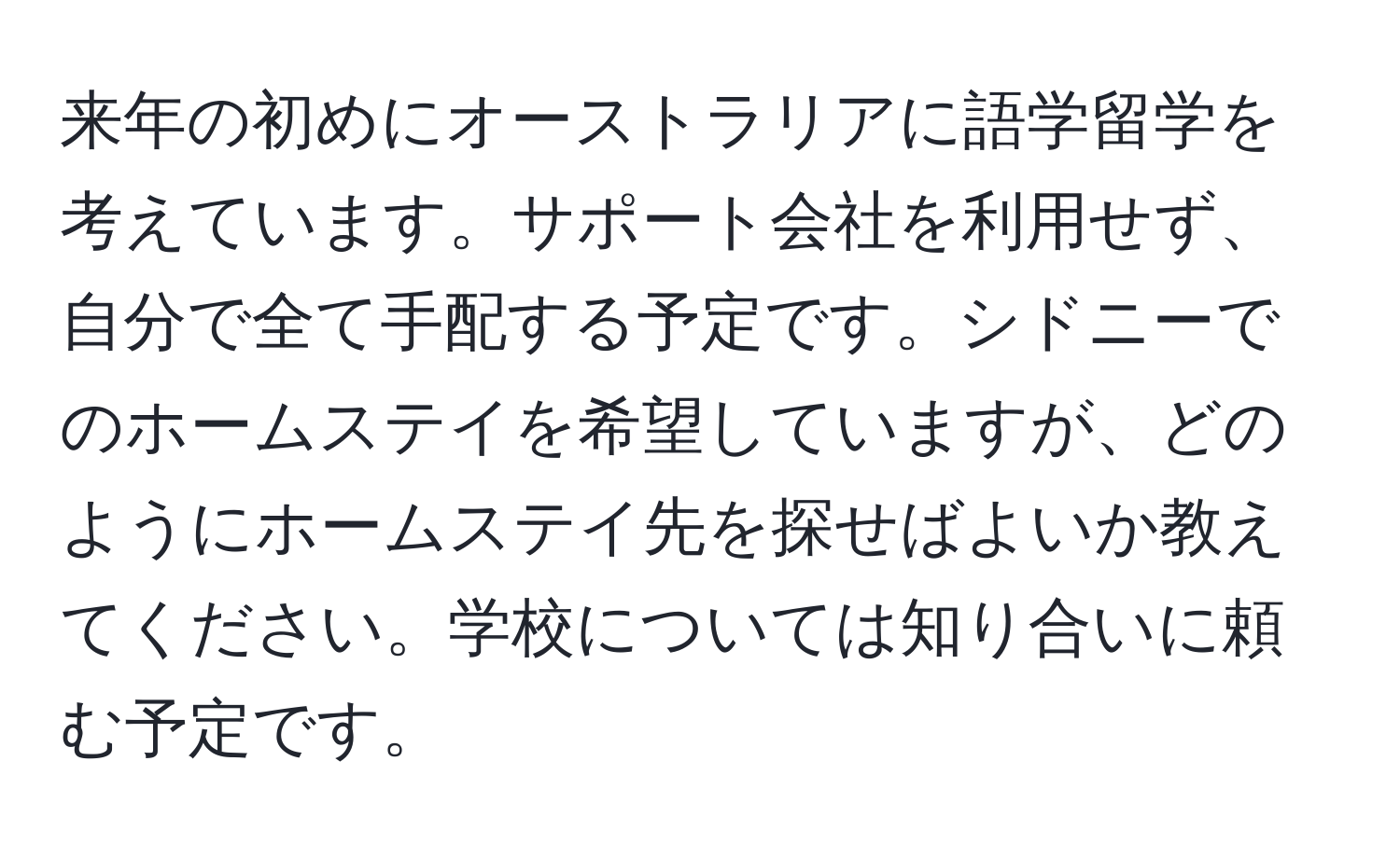 来年の初めにオーストラリアに語学留学を考えています。サポート会社を利用せず、自分で全て手配する予定です。シドニーでのホームステイを希望していますが、どのようにホームステイ先を探せばよいか教えてください。学校については知り合いに頼む予定です。