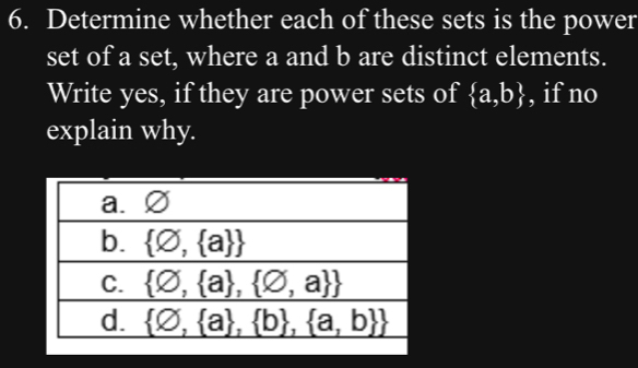 Determine whether each of these sets is the power
set of a set, where a and b are distinct elements.
Write yes, if they are power sets of  a,b , if no
explain why.