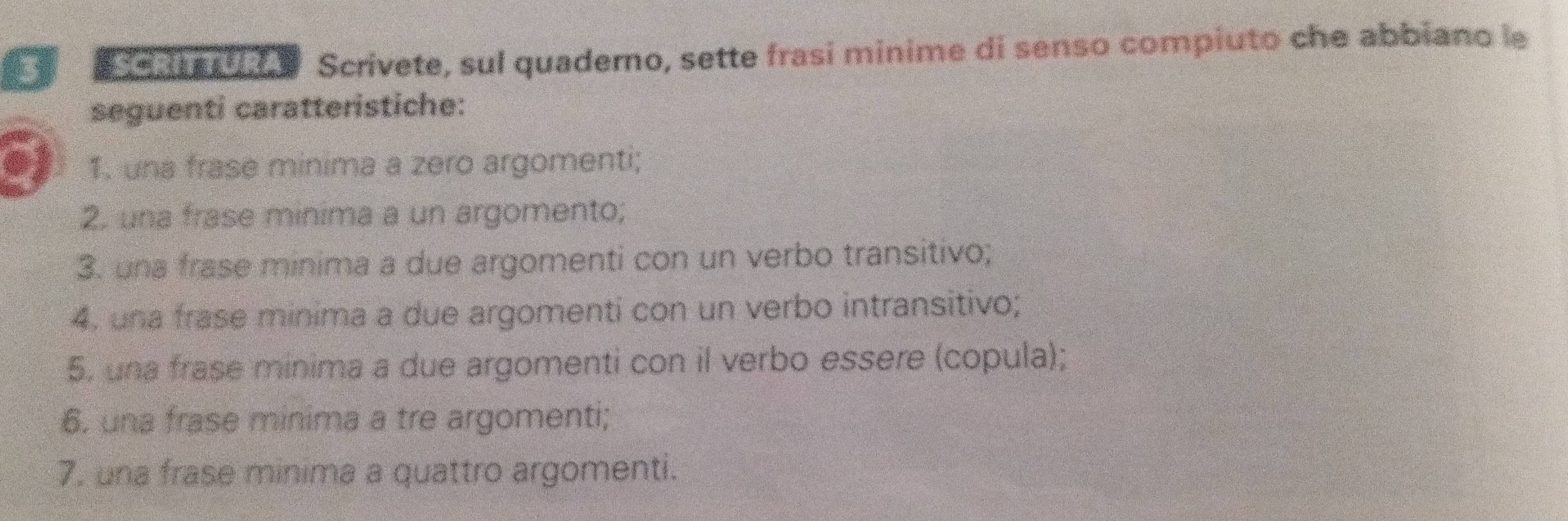 Scrivete, sul quaderno, sette frasi minime di senso compiuto che abbiano le 
seguenti caratteristiche: 
1. una frase minima a zero argomenti; 
2. una frase minima a un argomento; 
3. una frase minima a due argomenti con un verbo transitivo; 
4. una frase minima a due argomenti con un verbo intransitivo; 
5, una frase minima a due argomenti con il verbo essere (copula); 
6. una frase minima a tre argomenti; 
7. una frase minima a quattro argomenti.