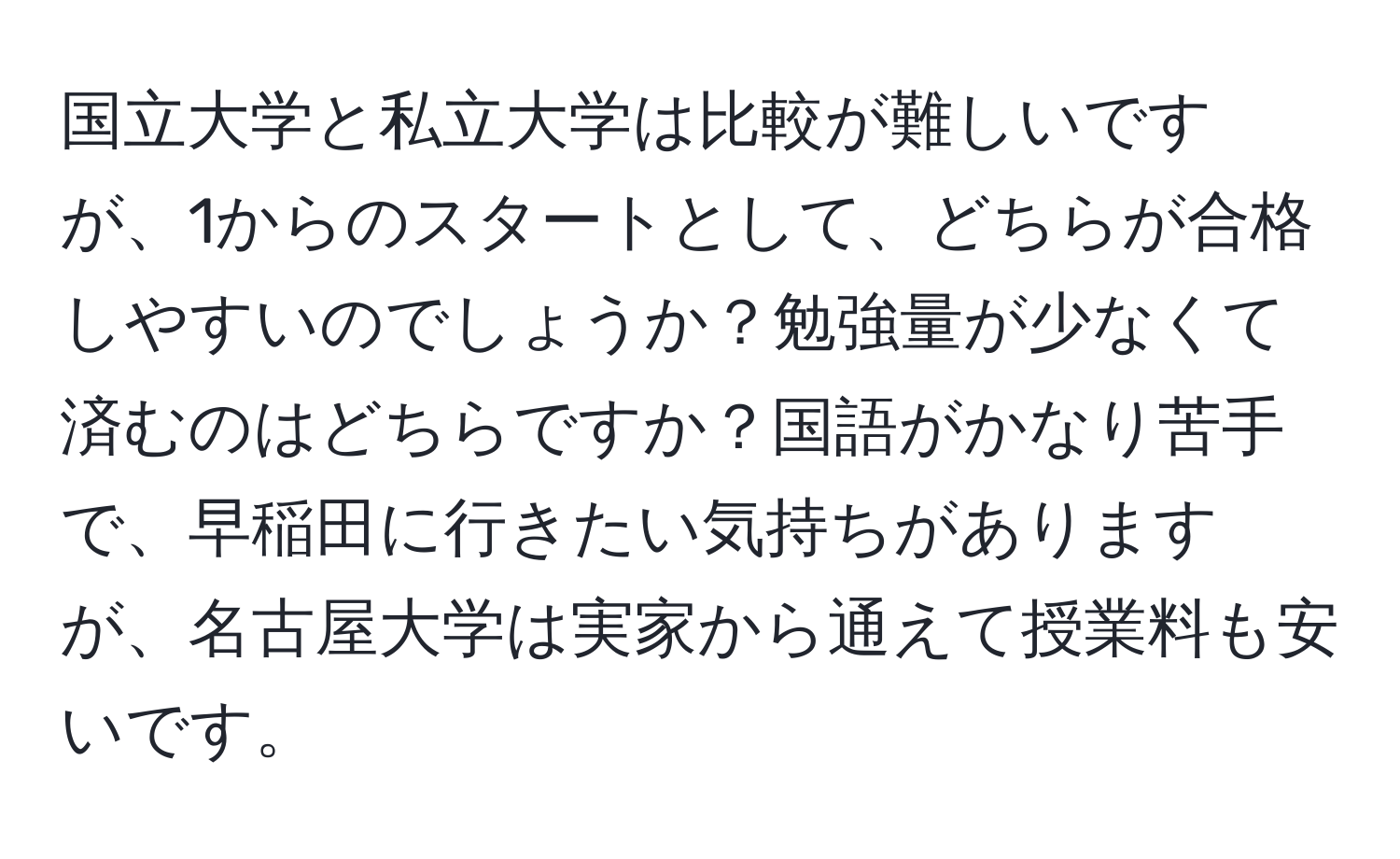 国立大学と私立大学は比較が難しいですが、1からのスタートとして、どちらが合格しやすいのでしょうか？勉強量が少なくて済むのはどちらですか？国語がかなり苦手で、早稲田に行きたい気持ちがありますが、名古屋大学は実家から通えて授業料も安いです。