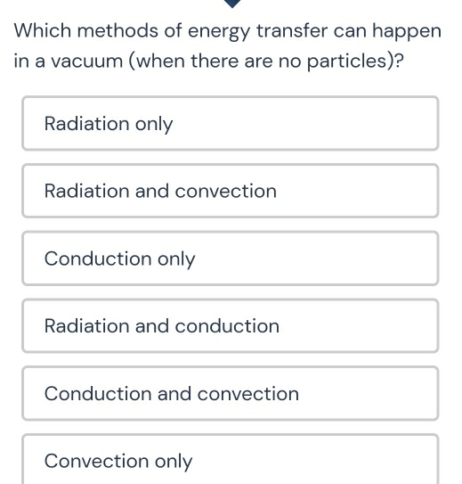 Which methods of energy transfer can happen
in a vacuum (when there are no particles)?
Radiation only
Radiation and convection
Conduction only
Radiation and conduction
Conduction and convection
Convection only